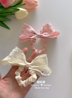肌理感小花奶黄色立体蝴蝶结发绳