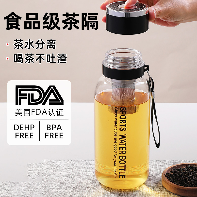 大容量玻璃水杯一键开盖玻璃杯防摔防耐高温水杯男2025新款茶杯子 - 图0