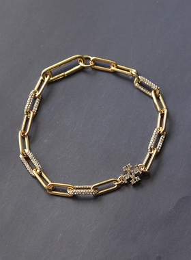 金色金属链条镶钻款双T链条手链