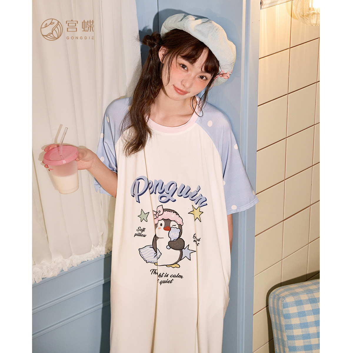宫蝶【凉感型】甜心企鹅少女睡裙莫代尔棉撞色可爱外穿短袖睡衣夏