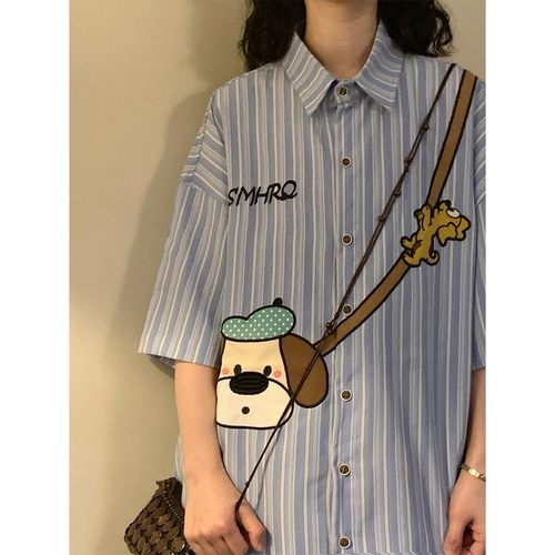 Naga自制夏美式复古宽松潮牌趣味卡通日系竖条纹短袖衬衫上衣男女 - 图2