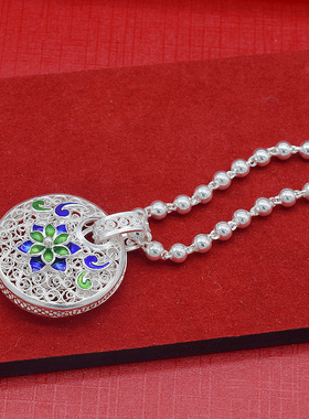 99纯银景泰蓝花开富贵吊坠原创手工拉丝女款项链毛衣链银饰礼物