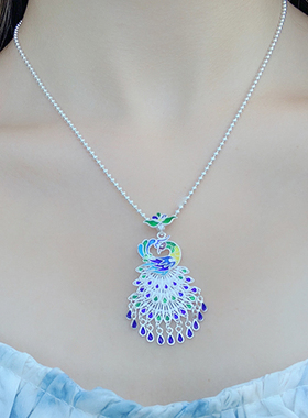 纯银999景泰蓝彩色孔雀凤凰回头