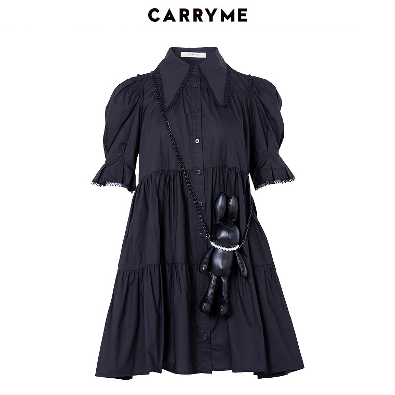 CARRY ME/嘉蜜衬衫式白连衣裙23夏新款时髦高腰灯笼袖减龄兔子包 - 图3