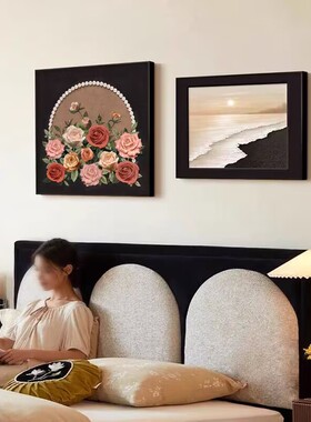 奶油风房间卧室装饰画主卧床头挂画法式花卉两联组合画客厅壁画