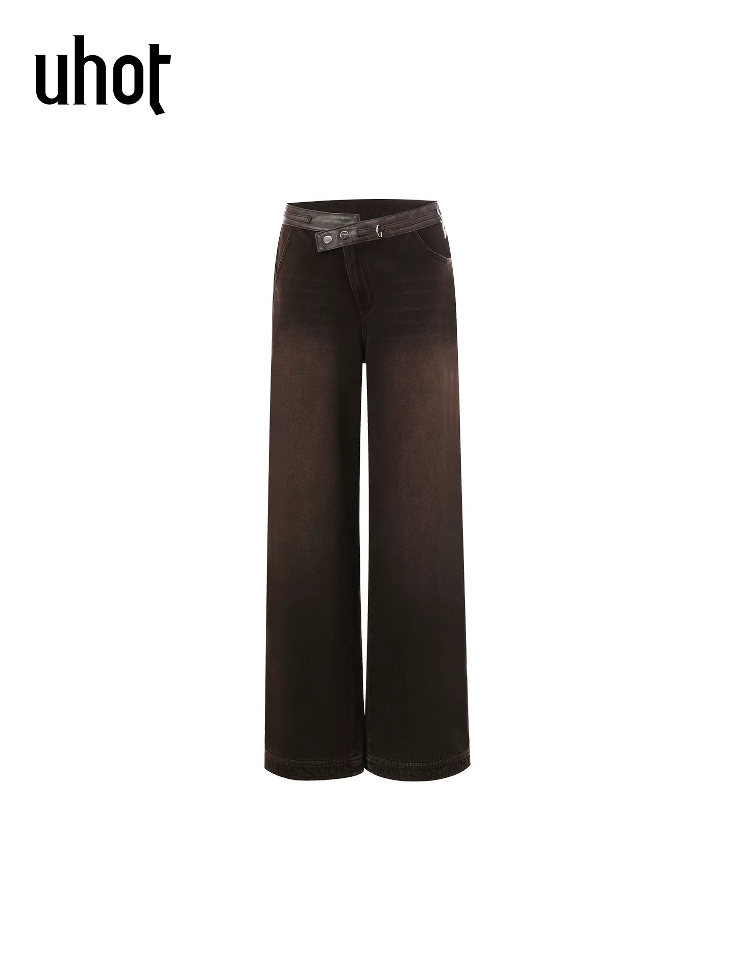uhot/诱货咖色拼皮水洗阔腿牛仔裤休闲优雅大气复古新款UWWW3K344 - 图3