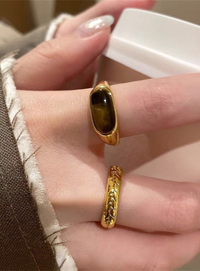 金色麦穗虎眼石开口戒指女s925纯银素圈食指戒小众设计高级感指环
