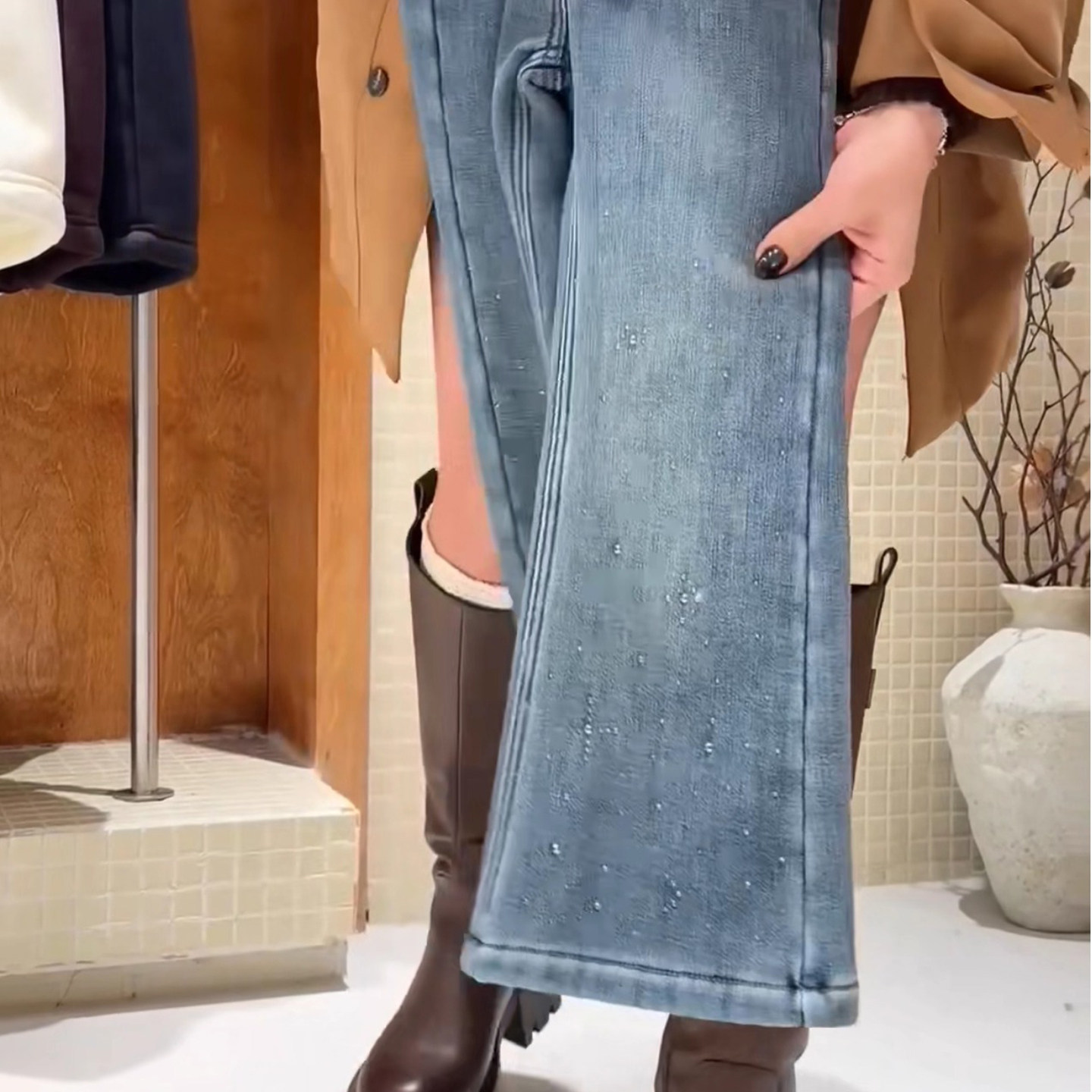 冬季中大童女童加绒烫钻闪亮牛仔裤直筒微喇裤小个子洋气超软裤子,淘宝优惠券,粉丝福利购,淘宝优惠卷