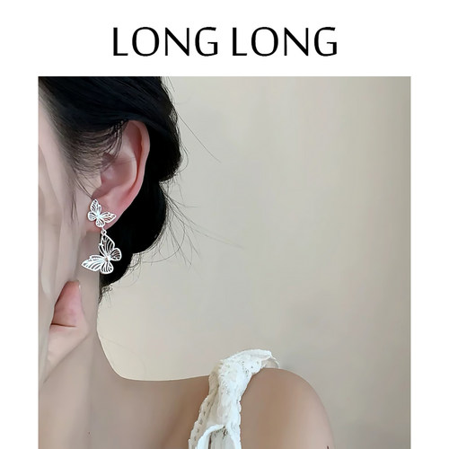 花丝镂空蝴蝶高级感时尚长款耳坠耳环女无耳洞蚊香盘耳夹气质耳饰 - 图0
