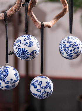 欧洲订单 青花瓷6厘米陶瓷球挂坠风铃圣诞树挂件车载装饰小摆件