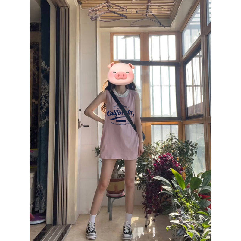 粉色字母休闲无袖背心女夏季多巴胺穿搭外穿宽松砍袖上衣吊带T恤,淘宝优惠券,粉丝福利购,淘宝优惠卷