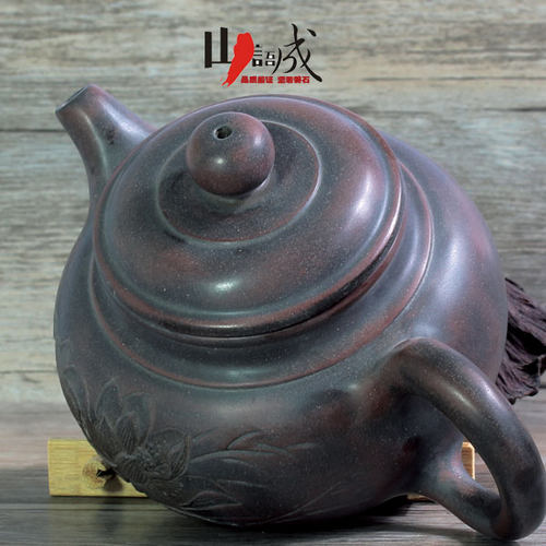广西钦州坭兴陶茶壶 手工圆仿古浮雕荷花鱼 泡茶壶 - 图0