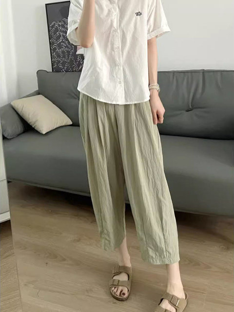 ຂະຫນາດນ້ອຍ 150 ສາມຈຸດ ice silk cotton casual pants harem for women summer thin loose Japanese eight-point wide-leg pants xxs