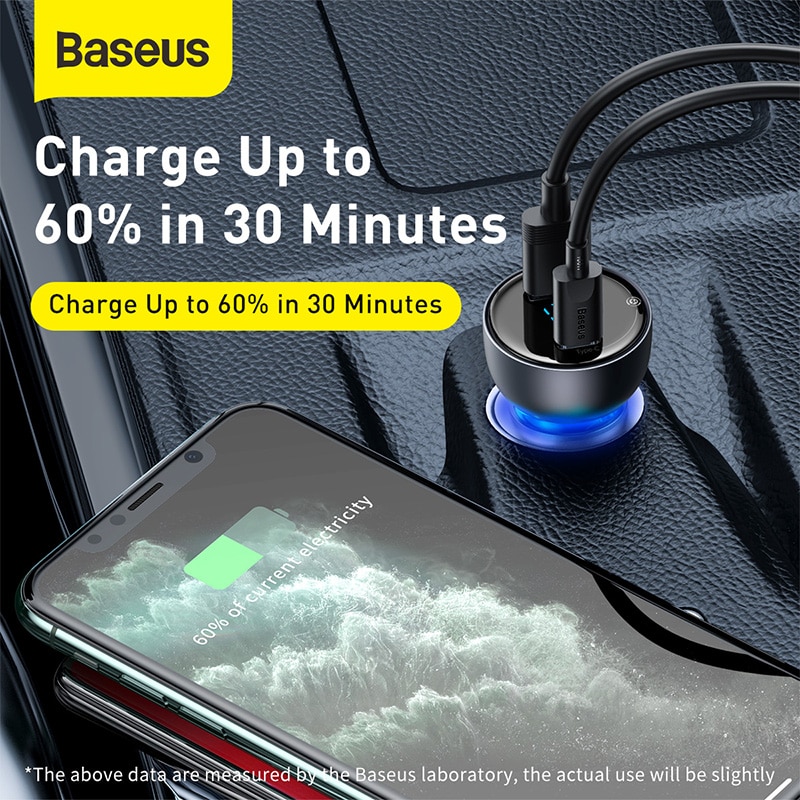 Baseus 65W Car Charger USB Type C Dual Port PD QC 4.0 Charging For Laptop Translucent iPhone Xiaomi-图0