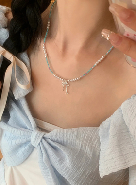 少女CEO芭蕾风项链彩色串珠少女珍珠项链女蝴蝶结配饰锁骨链小众