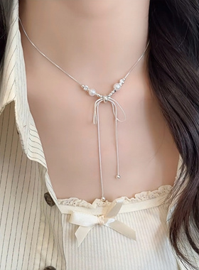 少女CEO超美蝴蝶结珍珠飘带项链女款小众设计锁骨链高级感颈链