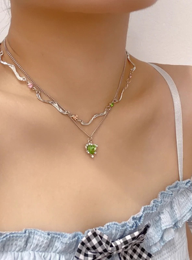 少女CEO薄荷曼波花爱心项链女款双层叠戴锆石复古锁骨链小众配饰