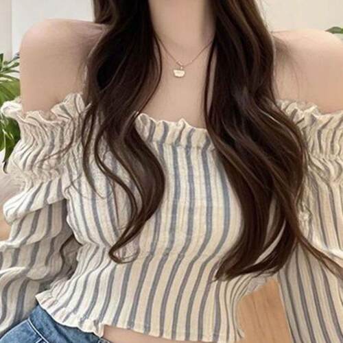 纯欲风辣妹一字肩条纹上衣女2026春季新款浪漫气质露背显瘦衬衫潮 - 图2