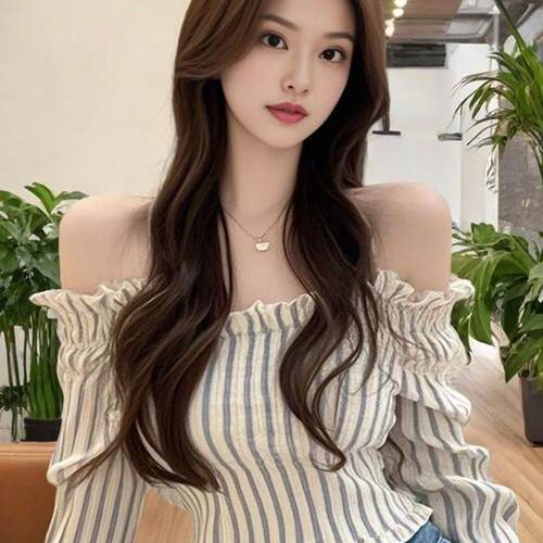 纯欲风辣妹一字肩条纹上衣女2026春季新款浪漫气质露背显瘦衬衫潮 - 图0