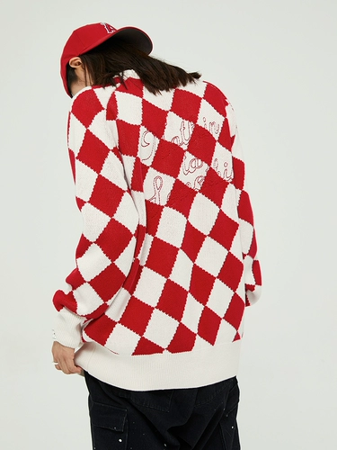 Красные шахматы, трикотажный свитер для отдыха для влюбленных, оверсайз