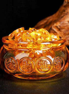 黄水晶聚宝盆摆件金黄色仿琉璃元宝家用玄关家居摆设开业乔迁礼品