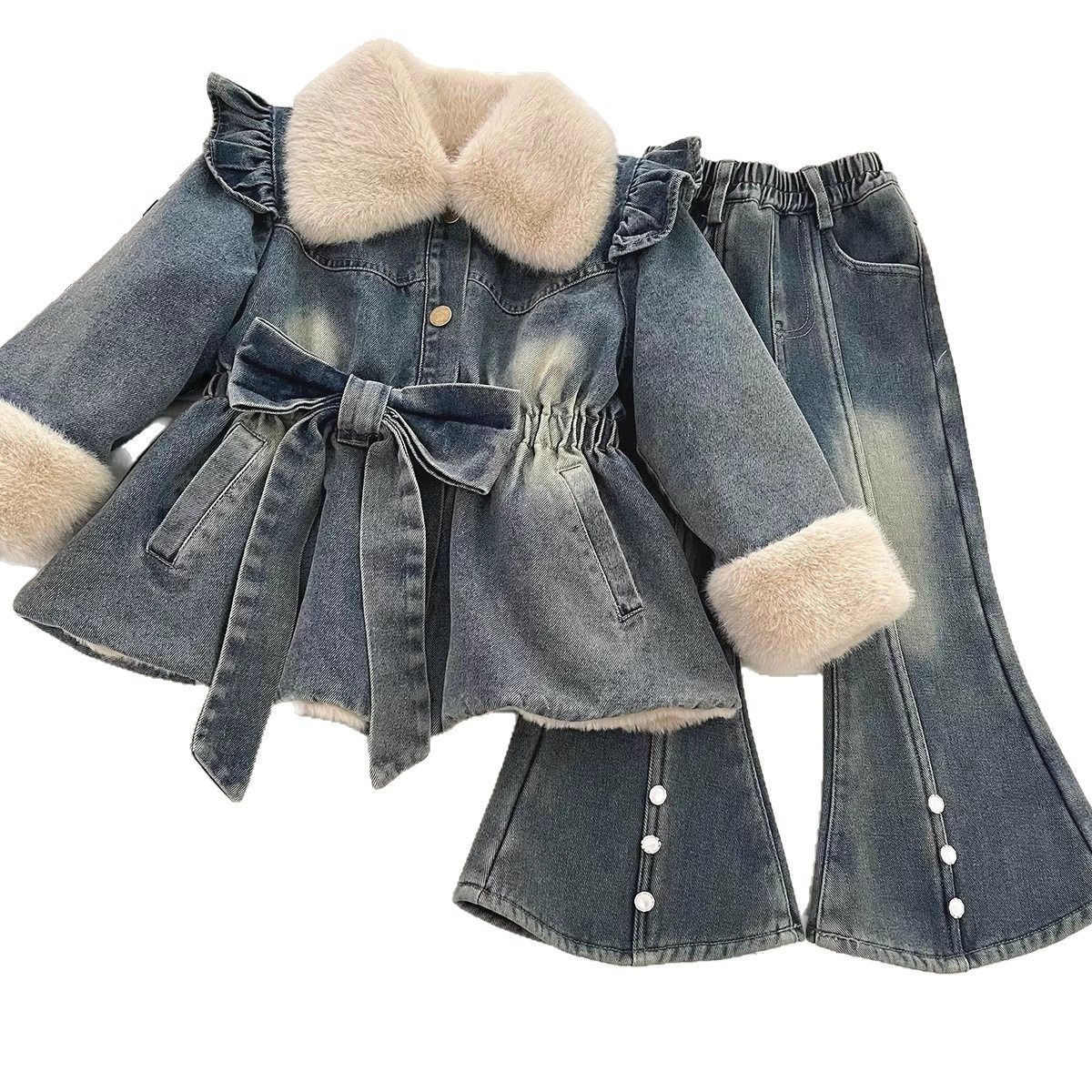 女童冬季洋气牛仔套装韩版蝴蝶结加绒加厚翻领牛仔上衣裤子两件套,淘宝优惠券,粉丝福利购,淘宝优惠卷