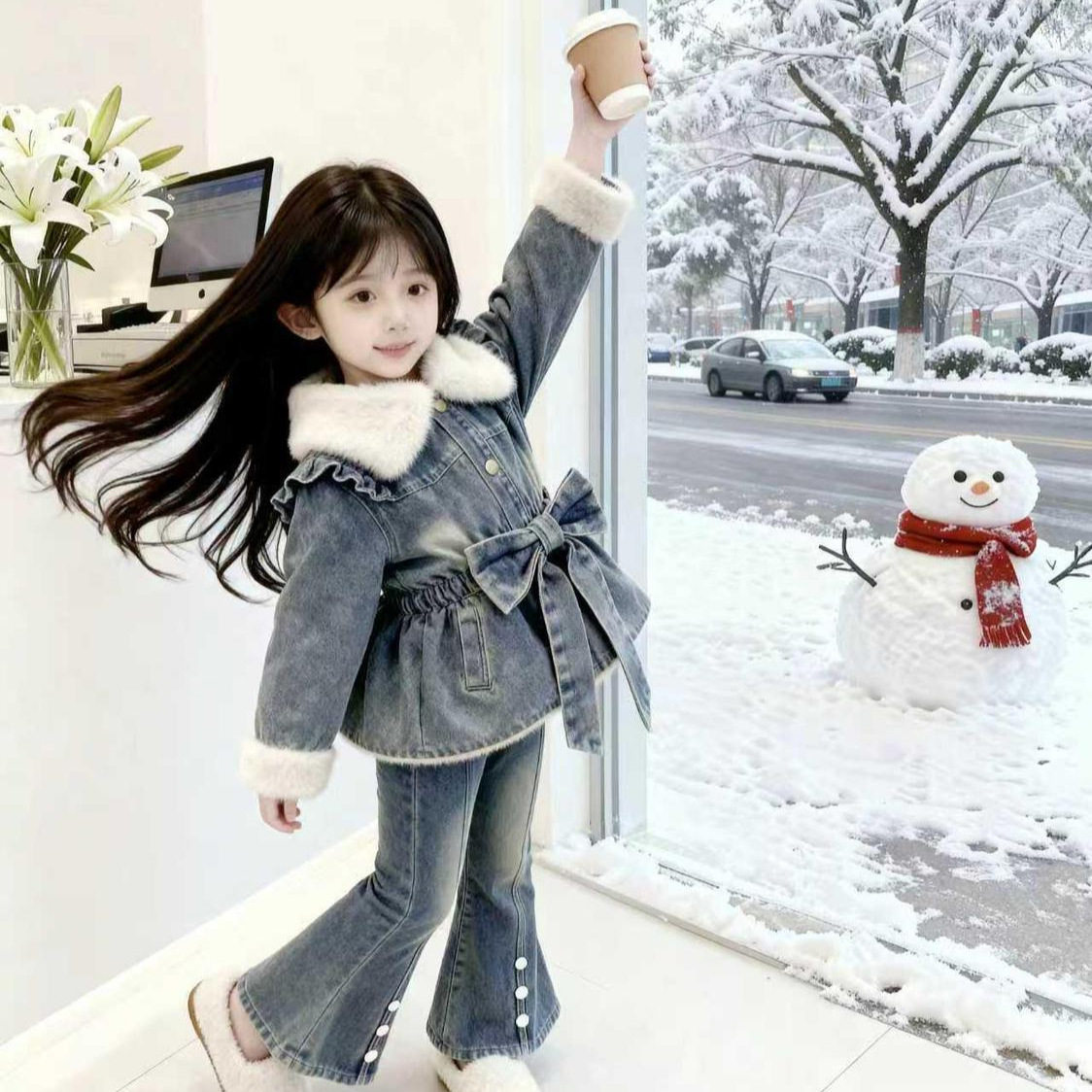 女童冬季洋气牛仔套装韩版蝴蝶结加绒加厚翻领牛仔上衣裤子两件套,淘宝优惠券,粉丝福利购,淘宝优惠卷