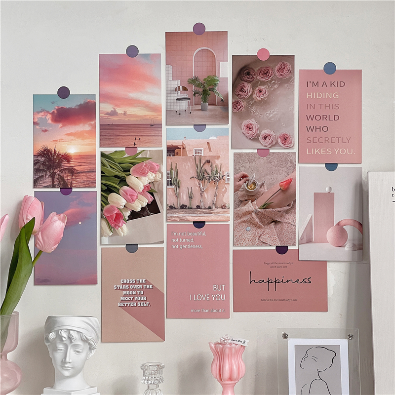 文艺风郁金香落日风景装饰卡片宿舍背景墙贴画ins风房间布置贴纸 - 图0