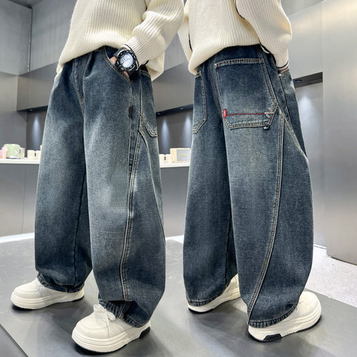 男童牛仔裤春装洋气儿童中大童男孩宽松青少年痞帅风弯刀休闲长裤 - 图2