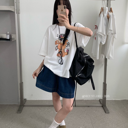 奶思家NICE STUDIO-上新韩版休闲加菲猫印花宽松大版短袖T恤L8871 - 图0