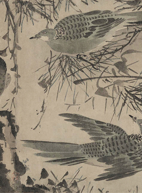 林良灌木集禽图卷微喷打印明代花鸟画临摹绢布画稿小写意花鸟画范