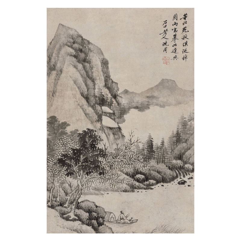 沈周秋溪泛棹图高清微喷明四家山水画临摹绢布画稿传统中国画复制