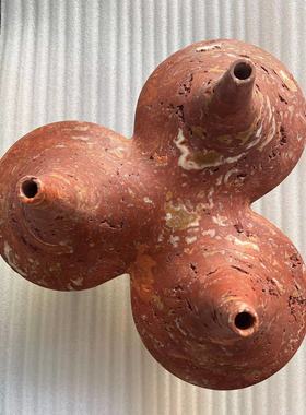 天然红洞大理石摆件花器烛台