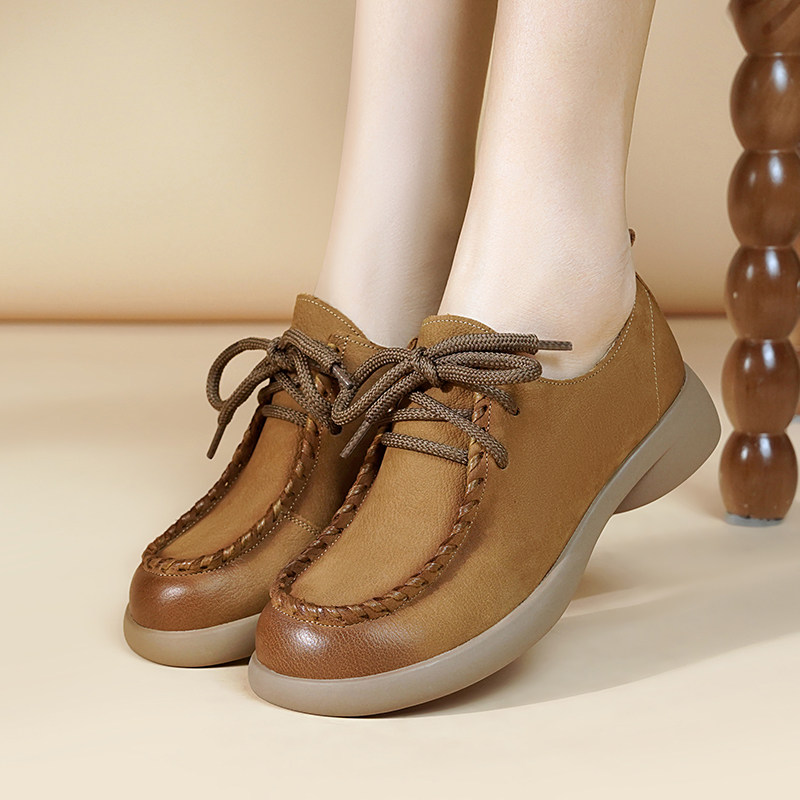 复古小皮鞋女2025春秋季真皮系带单鞋软底牛皮豆豆女鞋休闲平底鞋,淘宝优惠券,粉丝福利购,淘宝优惠卷