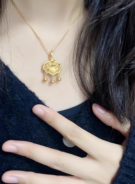 金店同款 18K黄金色平安锁如意长命富贵金锁镀金黑编绳锁骨链吊坠