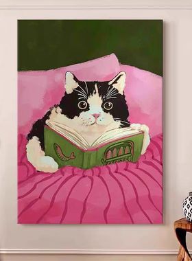 可爱猫咪中古风客厅装饰画法式抽象艺术餐厅壁画现代治愈卧室挂画