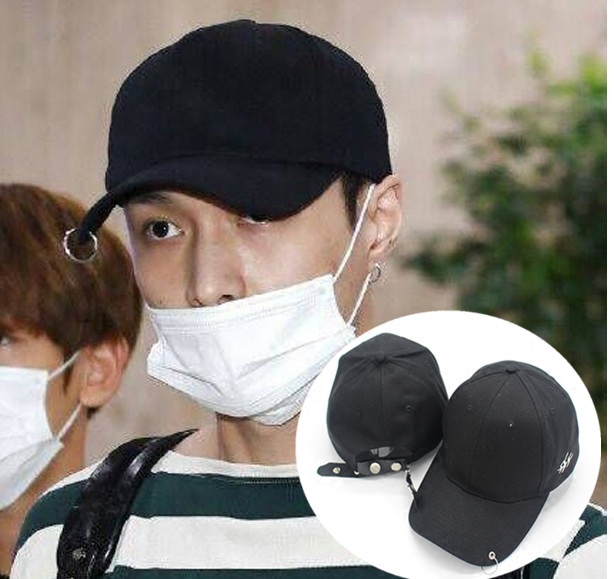 EXO-M张艺兴LAY机场同款黑色帽子单个金属圆环鸭舌帽弯檐棒球帽夏