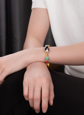 「虎牙天珠半镯手链」古法金饰品