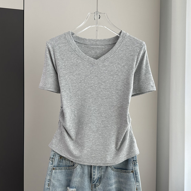 American Apparel Unisex V-Neck T-Shirt – Heather Grey, XXS – Super Soft Jersey Tee - View #3