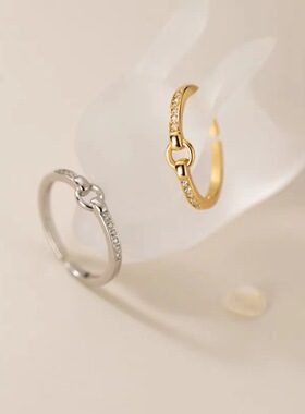 镂空爱心镶钻开口银戒指女轻奢