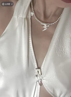 银制天然珍珠飞鸟choker短项链极简小众颈链银饰品女锁骨链