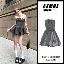 y2k Spice Girls grey Butterfly knot Breasted Bra Dress Woman 2023 Summer new collection waist display slim sexy short dress