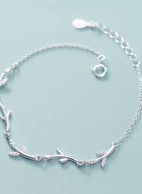 S925纯银橄榄枝小手链女士闺蜜学生文艺树枝小众设计银饰简约饰品