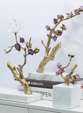 新中式创意招财树水晶铜摆件轻奢客厅酒柜书柜办公室装饰品礼品