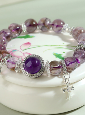 天然紫阿赛水晶十字架手链微镶轻奢时尚原创手串异国情调饰品