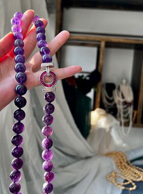 大颗粒12mm天然紫水晶单圈圆珠项链50厘米长款玉石毛衣链大气时尚