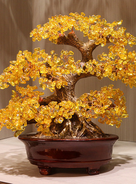 黄水晶发财树招财摆件无字摇钱树客厅办公室装饰品店铺乔迁开业礼