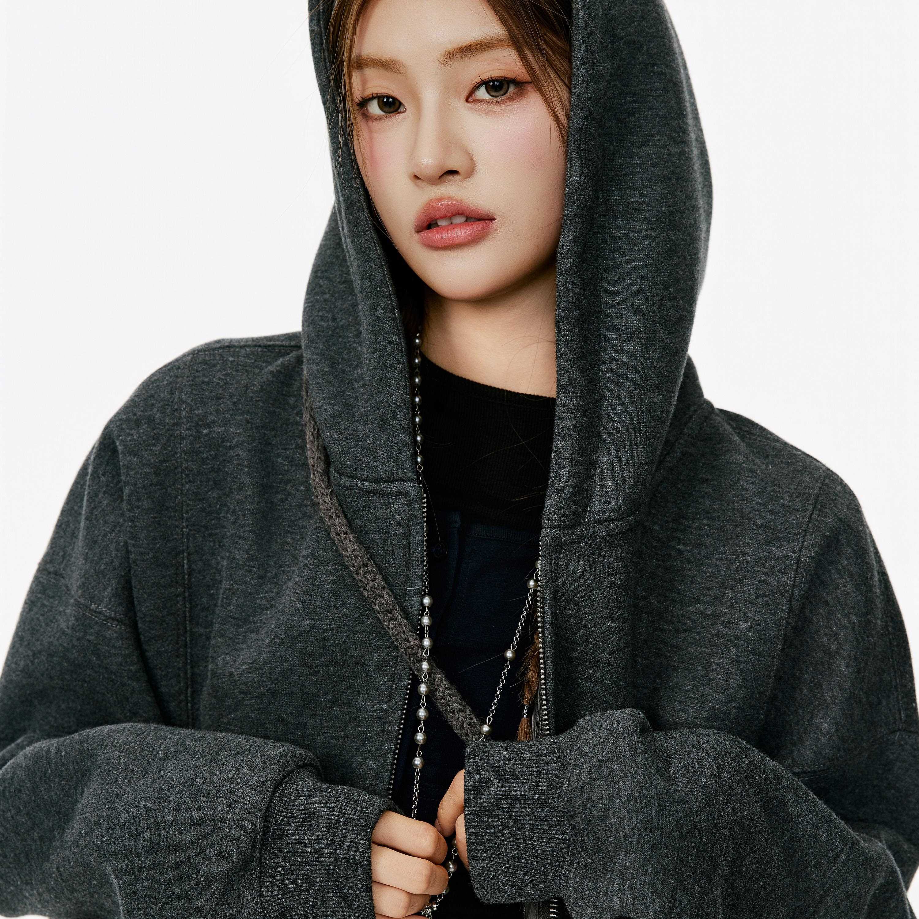 Burgenland灰色拉链连帽卫衣开衫女秋季韩系早秋宽松休闲薄款外套 - 图0