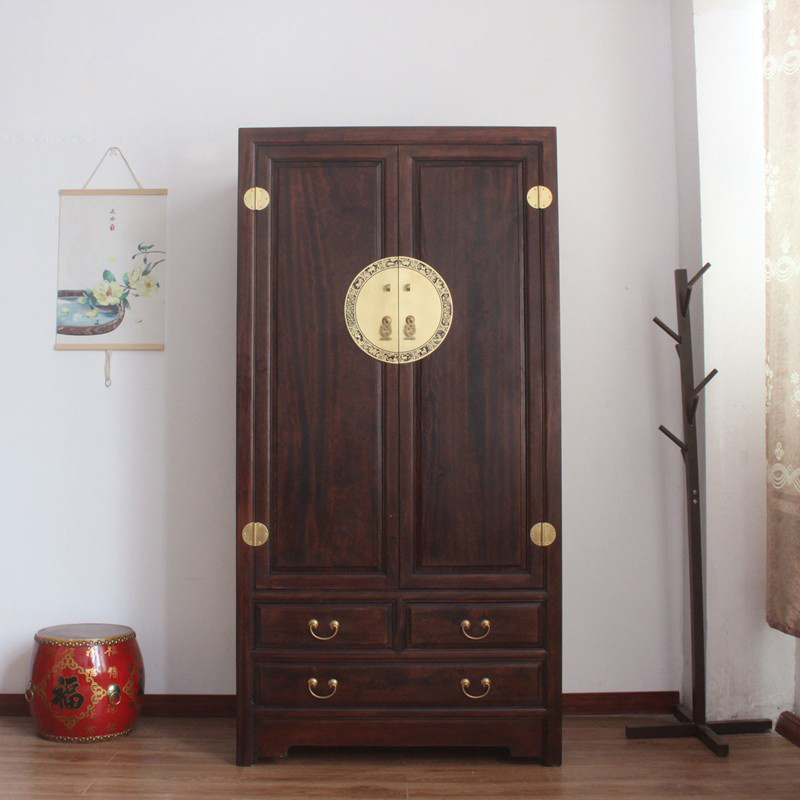 新中式香樟木大衣柜两门全实木简易储物衣橱新古典红木家具整体