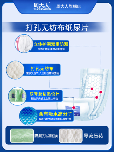 周大人成人纸尿片老人用尿不湿直条型老年人纸尿裤男女u型24*51cm